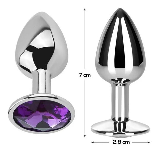 Plug anal chico plateado con joya violeta con medidas